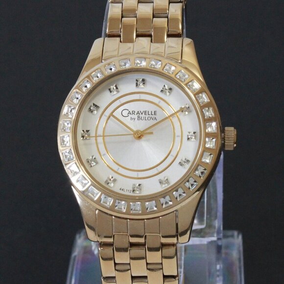 Caravelle Ladies Quartz Watch By Bulova Chrystal Bezel And Indices 32mm